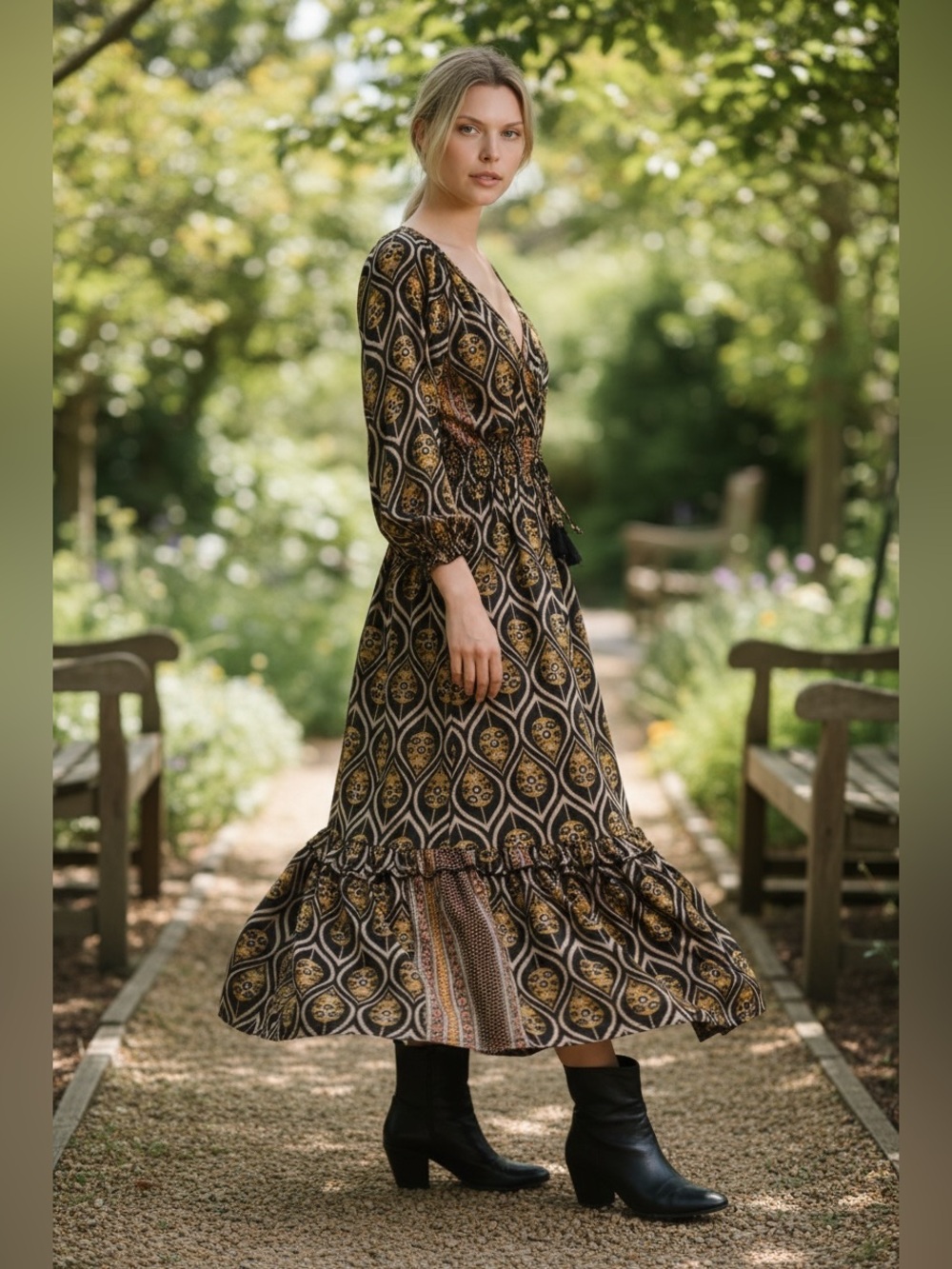RAGA Black & Gold Printed V-Neck Maxi Dress